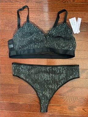 Black Sequin Bralette & Bikini Set - Women Intimates